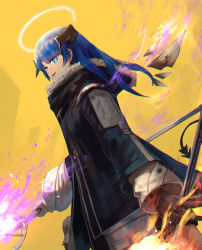 Rule 34 | 1girl, arknights, asymmetrical gloves, black coat, black gloves, blue eyes, blue hair, coat, commentary, cowboy shot, demon horns, demon tail, detached wings, fire, fur-trimmed coat, fur trim, gloves, glowing, glowing weapon, halo, holding, holding staff, horns, long hair, long sleeves, looking at viewer, magic, mannouyakunta, mismatched gloves, mostima (arknights), open clothes, open coat, open mouth, simple background, smile, solo, staff, straight hair, tail, weapon, white gloves, wings, yellow background