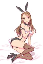Rule 34 | 1girl, animal ears, arm support, bad id, bad pixiv id, bare shoulders, black footwear, blush, breasts, brown hair, cleavage, clinexgrim, covering privates, covering breasts, hair ribbon, high heels, highres, idolmaster, idolmaster (classic), long hair, looking at viewer, minase iori, navel, off shoulder, rabbit ears, rabbit tail, red eyes, ribbon, shoes, short shorts, shorts, small breasts, solo, sweatdrop, tail, thighhighs
