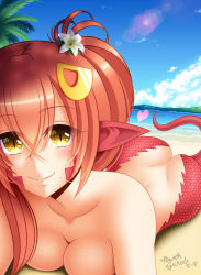Rule 34 | 1girl, absurdres, ass, blacksaikou, breast press, breasts, cleavage, commentary, eyes visible through hair, flower, hair between eyes, hair flower, hair ornament, hairclip, highres, lamia, large breasts, long hair, looking at viewer, miia (monster musume), mole, mole under mouth, monster girl, monster musume no iru nichijou, nude, pointy ears, red hair, revision, scales, slit pupils, smile, solo, yellow eyes