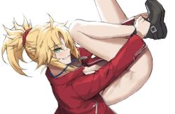 Rule 34 | 1girl, blush, boots, bottomless, braid, breasts, fate/apocrypha, fate (series), french braid, green eyes, grin, hair ornament, hair scrunchie, highres, jacket, jewelry, legs up, long hair, long sleeves, looking at viewer, mordred (fate), mordred (fate/apocrypha), mordred (memories at trifas) (fate), naked jacket, necklace, open clothes, open jacket, parted bangs, ponytail, red jacket, red scrunchie, scrunchie, simple background, small breasts, smile, thighs, tonee, white background
