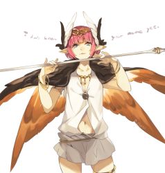 Rule 34 | 1girl, bracelet, circe (fate), collarbone, english text, fate/grand order, fate (series), green eyes, head wings, hyakuhachi (over3), jewelry, looking at viewer, navel, necklace, pink hair, pointy ears, robe, solo, staff, thigh strap, white background, wings