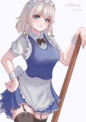Rule 34 | 1girl, absurdres, apron, artist name, athm simon19, black thighhighs, blue background, blue dress, blue eyes, blush, bow, braid, breasts, cowboy shot, dress, frilled apron, frills, garter straps, green bow, grey background, hair bow, highres, holding, izayoi sakuya, jewelry, looking at viewer, maid, maid apron, maid headdress, medium breasts, puffy short sleeves, puffy sleeves, shirt, short dress, short hair, short sleeves, silver hair, simple background, solo, standing, thighhighs, thighs, touhou, twin braids, twitter username, waist apron, white apron, white background, white shirt, wrist cuffs