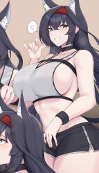 Rule 34 | 1girl, absurdres, animal ear fluff, animal ears, arknights, bare arms, bare shoulders, black hair, black shorts, blaze (arknights), blue eyes, blush, breasts, cat ears, collarbone, commentary, cowboy shot, crop top, grey background, grin, hair between eyes, hairband, hand up, heart, highres, huge breasts, infection monitor (arknights), kanta (kanta 077), long hair, looking at viewer, midriff, multiple views, red hairband, short shorts, shorts, smile, spoken heart, standing, stomach, tank top, very long hair, white tank top