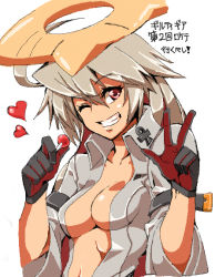 Rule 34 | 1girl, ;d, ahoge, bad id, bad pixiv id, breasts, candy, cleavage, food, gloves, grin, guilty gear, guilty gear xrd, jack-o&#039; valentine, lollipop, medium breasts, midriff, navel, one eye closed, open mouth, red eyes, shirorenge (huruhuru), silver hair, simple background, smile, solo, upper body, w