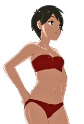 Rule 34 | 10s, 1girl, armpits, bad id, bad twitter id, bare legs, bare shoulders, bikini, black eyes, black hair, breasts, cleavage, collarbone, cowboy shot, hands on own hips, kantai collection, legs, mogami (kancolle), navel, neck, ojipon, parted lips, red bikini, serious, short hair, simple background, small breasts, solo, standing, strapless, strapless bikini, swimsuit, tube top, very short hair, white background