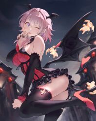 1girl ass bat_wings black_dress black_nails black_sky black_sleeves black_tail black_thighhighs black_wings blue_eyes blush breasts claw_pose closed_mouth demon_tail demon_wings detached_sleeves dress feet_up fingernails frilled_dress frills halloween head_wings high_heels highres honkai:_star_rail honkai_(series) jojobirdz large_breasts long_fingernails looking_at_viewer low_wings march_7th_(honkai:_star_rail) medium_hair nail_polish night one_eye_closed outdoors pink_eyes pink_hair red_dress red_footwear sky sleeves_past_wrists smile solo tail thighhighs thighs tongue tongue_out two-tone_dress two-tone_eyes underbust wings