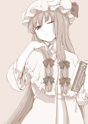 Rule 34 | 1girl, book, bow, cowboy shot, crescent, double bun, dress, female focus, hair bow, hair bun, hat, hat ribbon, holding, holding book, long hair, looking at viewer, mob cap, monochrome, one eye closed, patchouli knowledge, poronegi, ribbon, sepia, simple background, solo, striped clothes, striped dress, touhou, vertical-striped clothes, vertical-striped dress, very long hair