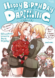 Rule 34 | 6+girls, aged up, alternate costume, alternate hairstyle, anchovy (girls und panzer), arm around waist, artist name, assam (girls und panzer), beret, black headwear, blonde hair, blue eyes, bouquet, braid, cellphone, character name, closed eyes, commentary, copyright name, cropped legs, darjeeling (girls und panzer), dated, earrings, english text, eyewear on head, facing another, flower, flying sweatdrops, frown, girls und panzer, glaring, grimace, hair intakes, hair rollers, hair up, half-closed eyes, hand on another&#039;s face, hands on own hips, happy birthday, hat, helmet, highres, holding, holding bouquet, holding phone, hone (honehone083), jewelry, katyusha (girls und panzer), kay (girls und panzer), leaning to the side, long hair, looking at another, multiple girls, nishizumi maho, nonna (girls und panzer), o o, open mouth, phone, ponytail, puckered lips, pushing away, red flower, red rose, rose, selection university military uniform, short hair, short shorts, shorts, sigh, smartphone, smile, standing, stud earrings, sunglasses, taking picture, tank helmet, thighhighs, trembling, twin braids, white thighhighs, yuri