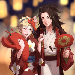Rule 34 | 1boy, 1girl, blonde hair, brown hair, embarrassed, festival, fire emblem, fire emblem fates, floral print, freckles, green eyes, hairband, hand fan, happy, japanese clothes, kimono, lobster, long hair, looking at another, nintendo, orange eyes, paper fan, ryoma (fire emblem), scarlet (fire emblem), short hair, smile, stuffed animal, stuffed toy, stup-jam, yukata