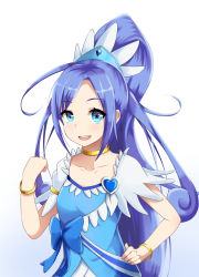 Rule 34 | 1girl, asymmetrical clothes, blue bow, blue dress, blue eyes, blue hair, blue skirt, bow, bracelet, brooch, choker, cure diamond, curly hair, dokidoki! precure, dress, galois, hair ornament, half updo, heart, heart brooch, highres, hishikawa rikka, jewelry, long hair, looking at viewer, matching hair/eyes, open mouth, ponytail, precure, ribbon, simple background, skirt, solo, white background
