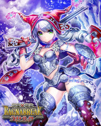 Rule 34 | 1girl, armor, boots, breasts, cape, chain, character request, cleavage, copyright name, esphy, fighting stance, frown, gloves, green eyes, grey hair, gun, hat, holding, holding weapon, long hair, red gloves, shinma x keishou! ragnabreak, snowflakes, snowing, solo, thigh boots, thighhighs, twintails, weapon