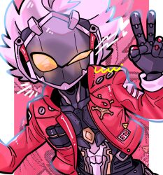 Rule 34 | 1boy, abs, billy kid, collar, emphasis lines, heart, highres, jacket, long sleeves, male focus, one eye closed, open clothes, open jacket, red background, red jacket, simple background, solo, spiked hair, star (symbol), ufo zattau4, v, white hair, yellow eyes, zenless zone zero