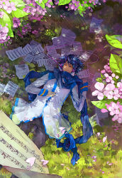 Rule 34 | 1boy, bad id, bad pixiv id, biiji, blue hair, blue scarf, closed eyes, flower, from above, kaito (vocaloid), lying, male focus, musical note, on back, petals, quaver, scarf, sheet music, sleeping, smile, solo, vocaloid