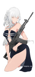 Rule 34 | 1girl, agony leer, ak-12, ak-12 (girls&#039; frontline), ak-12 (quiet azure) (girls&#039; frontline), assault rifle, blue dress, breasts, cleavage, closed eyes, cowboy shot, cropped legs, dress, girls&#039; frontline, gun, halter dress, halterneck, highres, holding, holding gun, holding weapon, kalashnikov rifle, long hair, official alternate costume, rifle, smile, solo, weapon, white background, white hair