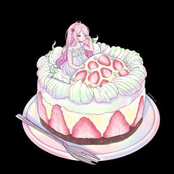 Rule 34 | 1girl, black background, blush, dress, food, food-themed hair ornament, fork, fruit, hair ornament, hand up, long hair, one eye closed, original, pink hair, plate, ring 411, shadow, simple background, sitting, solo, strawberry, strawberry hair ornament, very long hair, white dress