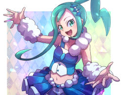 Rule 34 | 1girl, :d, arm warmers, breasts, creatures (company), earrings, game freak, green eyes, green hair, hair ornament, jewelry, kotobukkii (yt lvlv), lisia (pokemon), long hair, looking at viewer, midriff, navel, nintendo, open mouth, pokemon, pokemon oras, shorts, shorts under skirt, skirt, small breasts, smile, solo, upper body