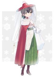 Rule 34 | 1girl, black hair, blush stickers, boots, brown eyes, brown footwear, cloak, closed mouth, full body, fur-trimmed cloak, fur trim, green hakama, hair between eyes, hakama, hat, high heel boots, high heels, japanese clothes, kantai collection, kasuga maru (kancolle), kimono, long sleeves, red cloak, red hat, short hair, smile, snowflake background, snowflakes, solo, taiyou (kancolle), white kimono, wide sleeves, yamashichi (mtseven)