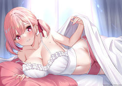 Rule 34 | 1girl, artist name, bed sheet, blush, breasts, camisole, cleavage, collarbone, commentary, english commentary, fingernails, groin, hair intakes, hair ribbon, highres, large breasts, long fingernails, looking at viewer, lying, maru.selinn, mole, nail polish, navel, on side, original, pink eyes, pink hair, pink nails, red ribbon, ribbon, short twintails, smile, solo, stomach, teeth, twintails, twitter username, under covers, white camisole