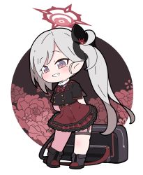 Rule 34 | 1girl, arms behind back, bag, black flower, black footwear, black jacket, blue archive, boots, chibi, commentary request, commission, cropped jacket, floral background, flower, frilled skirt, frills, grey hair, grin, hair flower, hair ornament, halo, jacket, long hair, looking at viewer, mutsuki (blue archive), nyaru (nyaru 4126), parted bangs, plaid, plaid skirt, purple eyes, red skirt, shirt, short sleeves, side ponytail, skeb commission, skirt, smile, solo, standing, very long hair, white shirt