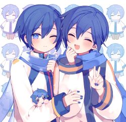 Rule 34 | 2boys, blue eyes, blue hair, blue nails, blush, closed mouth, kaito (vocaloid), long sleeves, looking at viewer, mogu (wy5xrt7w), multiple boys, one eye closed, open mouth, project diva (series), short hair, smile, v, vocaloid