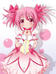 Rule 34 | 1girl, blush, bow, bubble skirt, choker, gloves, highres, kaname madoka, looking at viewer, magical girl, mahou shoujo madoka magica, mahou shoujo madoka magica (anime), pink eyes, pink hair, short hair, short twintails, skirt, smile, solo, soul gem, twintails, white gloves, yoppi98ro