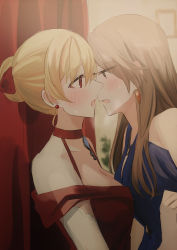 Rule 34 | 2girls, after kiss, blonde hair, blue dress, blurry, blurry background, blush, breasts, brown eyes, brown hair, chihuri, choker, collarbone, curtains, depth of field, dress, earrings, eye contact, granblue fantasy, hair bun, hair ribbon, highres, indoors, jewelry, katalina (granblue fantasy), kiss, long hair, looking at another, medium breasts, multiple girls, open mouth, profile, red choker, red dress, red eyes, red ribbon, ribbon, saliva, saliva trail, single hair bun, sleeveless, sleeveless dress, upper body, vira (granblue fantasy), yuri