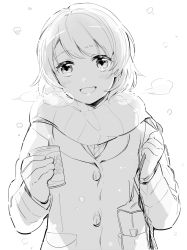Rule 34 | 10s, 1girl, :d, animal, bag, breath, cat, coat, gloves, greyscale, holding, holding animal, holding cat, holding strap, karuha, koizumi hanayo, looking at viewer, love live!, love live! school idol project, monochrome, open mouth, scarf, school bag, short hair, smile, snowing, solo, upper body