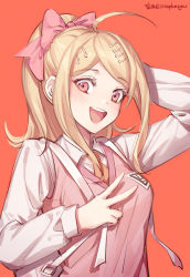 Rule 34 | 1girl, :d, ahoge, akamatsu kaede, arm up, artist name, backpack, bag, blonde hair, bow, collared shirt, commentary request, danganronpa (series), danganronpa v3: killing harmony, ewa (seraphhuiyu), fortissimo, hair bow, hair ornament, hair ribbon, highres, long hair, long sleeves, looking at viewer, musical note, musical note hair ornament, necktie, open mouth, pink eyes, pink sweater vest, red background, ribbon, shirt, signature, simple background, smile, solo, sweater vest, upper body, v