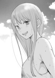 Rule 34 | 1girl, armpits, bare arms, blush, bye-bye liberty, cloud, commentary request, day, eyelashes, from side, greyscale, halftone, hatta ayuko, highres, light blush, long hair, looking at viewer, monochrome, nose blush, open mouth, outdoors, shirt, sky, sleeveless, sleeveless shirt, solo, suzuki rina (bye-bye liberty), sweat, teeth, turning head, upper body, upper teeth only, wispy bangs