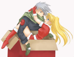 Rule 34 | 1boy, 1girl, age difference, artist request, blonde hair, blue eyes, boots, box, breasts, cardboard box, christmas, couple, dress, eye contact, facial mark, facing another, floating hair, from side, genderswap, genderswap (mtf), gloves, green scarf, grey hair, happy, hatake kakashi, hetero, hug, knee boots, long hair, long sleeves, looking at another, lying, medium breasts, naruko (naruto), naruto, naruto (series), ninja, open mouth, red dress, red footwear, red gloves, santa costume, santa dress, scarf, shirt, short hair, short sleeves, simple background, sitting, smile, spiked hair, teacher and student, twintails, uzumaki naruto, whisker markings, whiskers, white background
