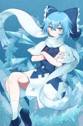 Rule 34 | 1girl, ahoge, blue background, blue bow, blue dress, blue eyes, blue footwear, blue hair, blue scarf, bow, cirno, crossed arms, crossed bangs, detached wings, dress, full body, hair between eyes, hair bow, highres, ice, ice wings, looking at viewer, neck ribbon, open mouth, pinafore dress, red ribbon, ribbon, scarf, shino2121, simple background, sleeveless, sleeveless dress, socks, solo, teeth, touhou, white socks, wings