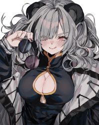 Rule 34 | 1girl, :p, animal ears, aogisa, arknights, black jacket, blush, breasts, cleavage cutout, clothing cutout, eyelashes, unworn eyewear, feater (arknights), grey hair, hair over one eye, high collar, highres, holding, holding removed eyewear, jacket, large breasts, looking at viewer, medium hair, nose blush, open clothes, open jacket, panda ears, red eyes, round eyewear, smile, solo, tongue, tongue out, upper body, white background