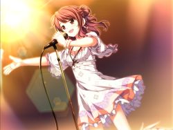 Rule 34 | 1girl, :d, alpha (yukai na nakamatachi), breasts, brown hair, cleavage, dress, floating hair, game cg, hair bun, holding, holding microphone, isozaki renka, lens flare, long hair, long sleeves, microphone, microphone stand, music, okiba ga nai!, open mouth, outstretched arm, red eyes, short dress, singing, single side bun, small breasts, smile, solo, standing, white dress, wide sleeves