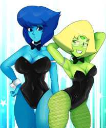 Rule 34 | 2girls, absurdres, blonde hair, blue eyes, blue hair, blue skin, breasts, cleavage, colored skin, fishnet thighhighs, fishnets, green skin, highres, lapis lazuli (steven universe), large breasts, leotard, medium breasts, multiple girls, peridot (steven universe), short hair, sonson-sensei, steven universe, teeth, thick thighs, thighhighs, thighs