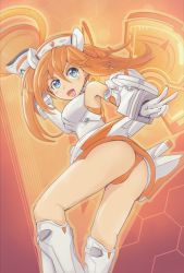 Rule 34 | 1girl, ass, bare shoulders, blue eyes, blush, breasts, cameltoe, daenu, from behind, from below, gloves, hat, highres, leotard, long hair, looking at viewer, looking down, neptune (series), open mouth, orange hair, orange heart (neptunia), shiny clothes, shiny skin, skirt, smile, solo, twintails