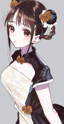 Rule 34 | 1girl, bad id, bad twitter id, black dress, brown eyes, brown hair, china dress, chinese clothes, copyright request, dress, grey background, highres, looking at viewer, misumi (macaroni), parted lips, short hair, short sleeves, simple background, solo, white dress