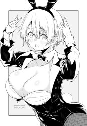 Rule 34 | 1girl, animal ears, blush, bow, bowtie, breasts, cleavage, dated, detached collar, fake animal ears, fake tail, fishnet pantyhose, fishnets, grey background, greyscale, hands up, highres, kichihachi, large breasts, looking at viewer, monochrome, open mouth, original, pantyhose, rabbit ears, rabbit tail, simple background, solo, tail, twitter username, two-tone background, white background