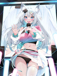 Rule 34 | 1girl, animal ears, black panties, blue eyes, blush, fox ears, fox girl, fox tail, hair ornament, hairclip, highres, holding, holding microphone, long hair, looking at viewer, meridian project, microphone, midriff, mizuki (vtuber), nail polish, navel, open mouth, panties, revision, skirt, smile, solo, tail, underwear, virtual youtuber, waterring, white hair, white skirt