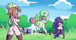 Rule 34 | 1boy, 3girls, ass, blue eyes, blue sky, breasts, breasts out, brown hair, cleavage, cleft of venus, creatures (company), game freak, gardevoir, gen 3 pokemon, green eyes, hex maniac (pokemon), highres, huge ass, huge breasts, large areolae, large breasts, long hair, may (pokemon), multiple girls, navel, nintendo, nipples, nude, outdoors, pokemon, pokemon (creature), pokemon xy, puffy nipples, roselia (pokemon), screwroot, sex, short hair, sky, smile, standing, uncensored, wristband