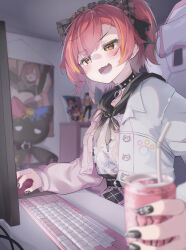 Rule 34 | 1girl, :d, absurdres, at computer, black nails, blush, can, chair, cropped jacket, drinking straw, gaming chair, highres, holding, holding can, indoors, jacket, keyboard (computer), kurumi tsuchi, monitor, mouse (computer), multicolored hair, nekota tsuna, open clothes, open jacket, open mouth, orange eyes, orange hair, pink hair, smile, solo, streaked hair, stuffed animal, stuffed cat, stuffed toy, swivel chair, upper body, virtual youtuber, vspo!