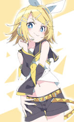 Rule 34 | 1girl, blonde hair, closed mouth, hand on own hip, ixy, kagamine rin, midriff, navel, short hair, smile, solo, vocaloid