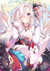 Rule 34 | 1girl, :d, animal, bird, chicken, chinese zodiac, choker, feather hair ornament, feathers, flower, fur trim, hair flower, hair ornament, highres, japanese clothes, kimono, long hair, obi, one eye closed, open mouth, original, pale skin, purple eyes, revision, rooster, sash, smile, solo, umiko (munemiu), white hair, wide sleeves, wings, year of the rooster