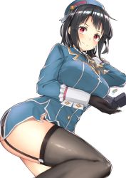 Rule 34 | 1girl, beret, black gloves, black hair, black thighhighs, breasts, garter straps, gloves, hat, highres, jacket, jewelry, kantai collection, large breasts, looking at viewer, military, military uniform, miniskirt, red eyes, ring, ring box, short hair, simple background, skirt, sweatdrop, takao (kancolle), thighhighs, tsurukawasha, uniform, white background