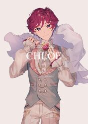 Rule 34 | 1boy, cape, character name, chloe collins, closed mouth, flower, green ribbon, green vest, grey background, hand on own chest, highres, long sleeves, looking at viewer, mahoutsukai no yakusoku, male focus, mole, mole under eye, neck ribbon, pants, piza-chan, purple eyes, red flower, red hair, ribbon, shirt, short hair, smile, solo, vest, wavy hair, white cape, white pants, white shirt