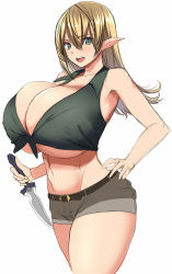 Rule 34 | 1girl, bare shoulders, blonde hair, breasts, cleavage, dagger, elf, gigantic breasts, green eyes, highres, kloah, knife, long hair, looking at viewer, midriff, pointy ears, short shorts, shorts, simple background, smile, solo, thighs, underboob, weapon, white background