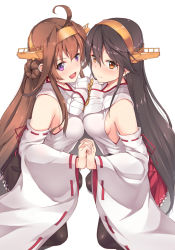Rule 34 | 10s, 2girls, :d, ahoge, awa yume, black hair, black legwear, boots, breast press, breasts, brown eyes, brown hair, detached sleeves, double bun, from side, hairband, holding hands, haruna (kancolle), headgear, kantai collection, kongou (kancolle), large breasts, long hair, multiple girls, nontraditional miko, open mouth, purple eyes, ribbon-trimmed sleeves, ribbon trim, sideboob, simple background, smile, symmetrical docking, thigh boots, thighhighs