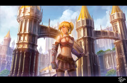 Rule 34 | 1girl, absurdres, armor, artist name, blonde hair, blue eyes, breasts, brown thighhighs, castle, cleavage, cleavage cutout, clothing cutout, day, grey skirt, highres, large breasts, letterboxed, looking away, navel, original, outdoors, parted lips, pigsomedom, scenery, sheath, sheathed, short hair, short ponytail, skirt, smile, solo, sword, thighhighs, weapon