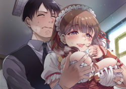 Rule 34 | 1boy, 1girl, areola slip, bad id, bad twitter id, black necktie, blush, bow, grabbing another&#039;s breast, breasts, breath, brown hair, closed eyes, closed mouth, commission, fingernails, from behind, grabbing, hair ribbon, hands on another&#039;s chest, heart, heavy breathing, highres, idolmaster, idolmaster cinderella girls, indoors, light particles, long hair, maid headdress, necktie, open mouth, pink lips, pixiv commission, purple eyes, purple hair, ribbon, sakayama shinta, sakuma mayu, smile, sweat, tearing up, tongue, upper body, yellow bow