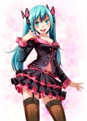 Rule 34 | 1girl, :d, absurdres, bad id, bad pixiv id, black bra, blue eyes, blue hair, bra, breasts, brown thighhighs, butterfly hair ornament, cleavage, collarbone, contrapposto, cowboy shot, garter straps, hair ornament, hatsune miku, highres, honey whip (module), layered skirt, long hair, medium breasts, midriff, midriff peek, miniskirt, nail polish, navel, open mouth, pink nails, pleated skirt, project diva (series), skirt, smile, solo, standing, stomach, sweet devil (vocaloid), thighhighs, tsukishiro saika, twintails, underwear, very long hair, vocaloid