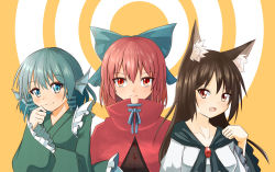 Rule 34 | :d, animal ears, aqua eyes, aqua hair, bow, brown hair, capelet, drill hair, fang, fins, frilled kimono, frilled sleeves, frills, grass root youkai network, hair bow, head fins, highres, imaizumi kagerou, isetan mashira, japanese clothes, kimono, long hair, open mouth, red eyes, red hair, sekibanki, short hair, simple background, smile, touhou, twin drills, wakasagihime, wolf ears